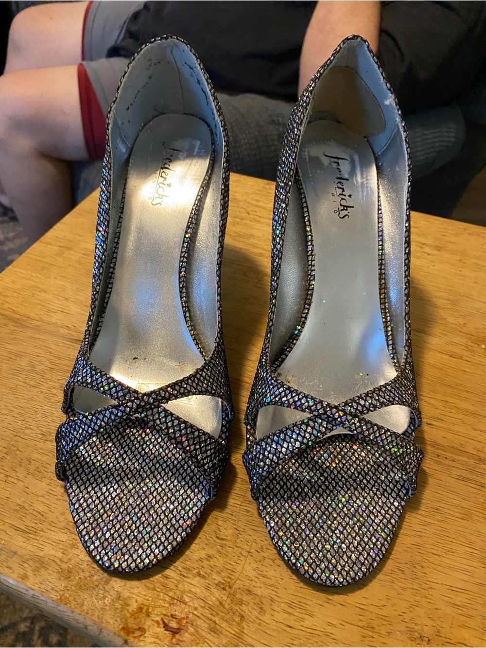 Frederick's of Hollywood Iridescent Silver Mesh Peep-Toe Heels